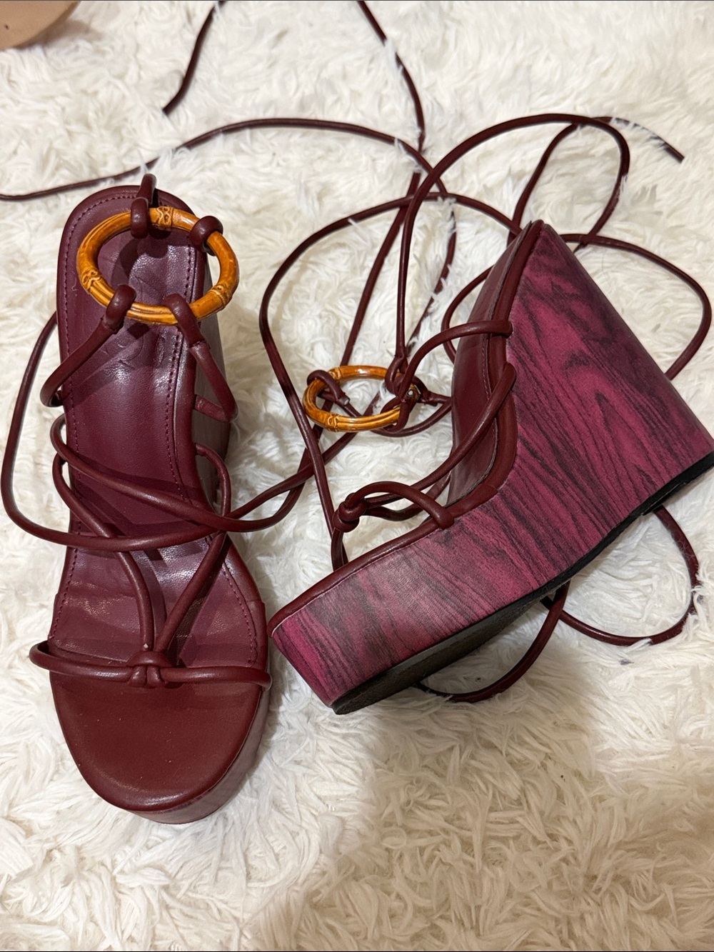 Women's Burgundy Lace-Up Platform Sandals with Bamboo Ring Detail
